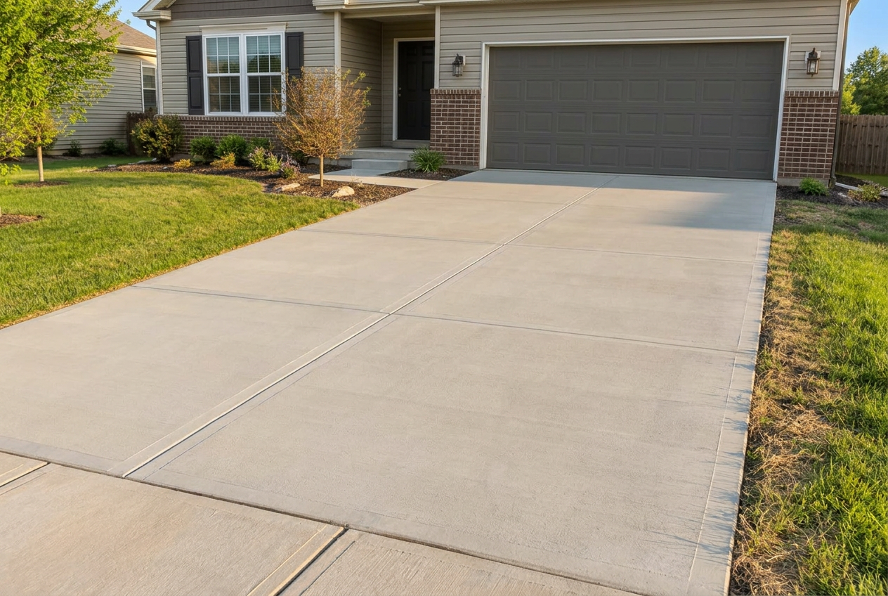 Illustrative example of a residential concrete driveway and walkway outside a home